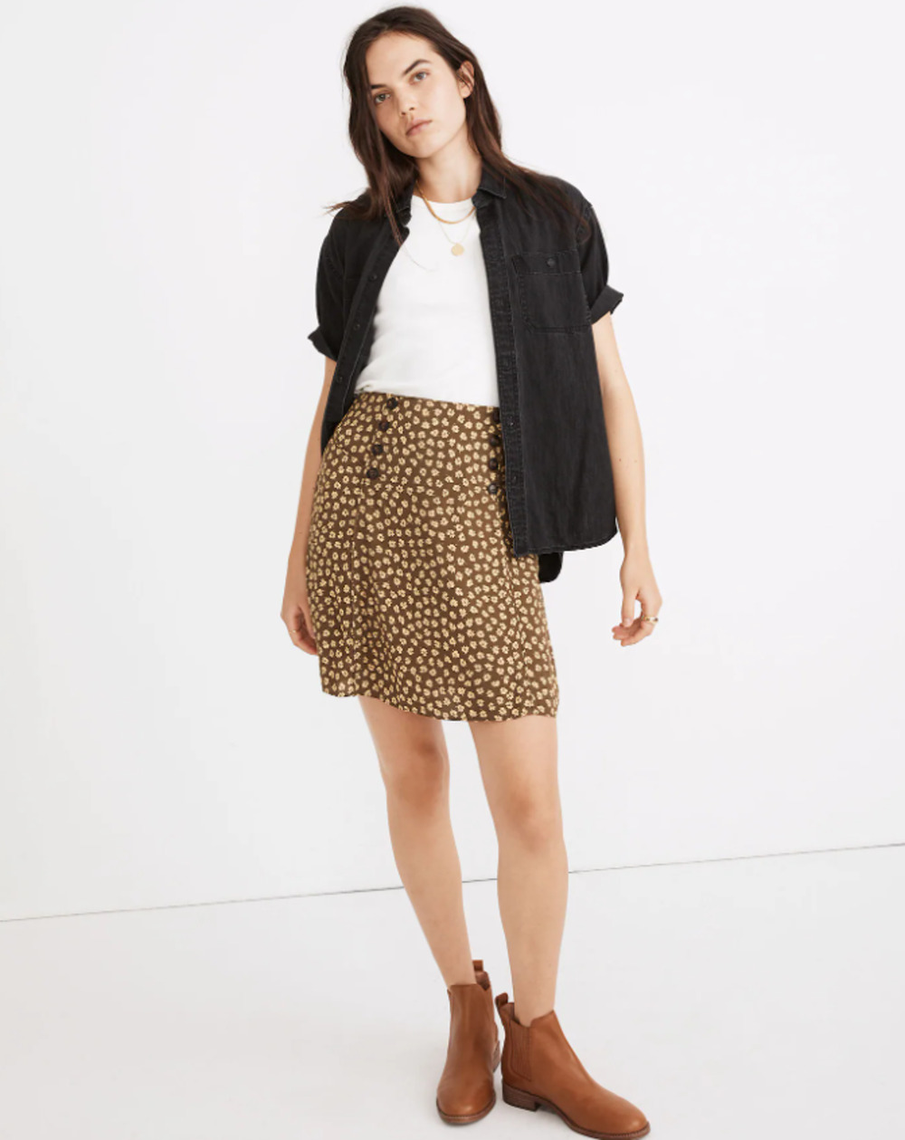Madewell Mini Skirt Women XS Brown Floral Smocked High Waist Button Detail
